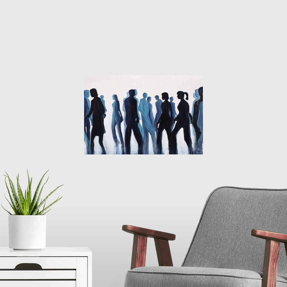 A modern room featuring Contemporary painting of silhouetted figures in dark blue tones appearing to be walking.