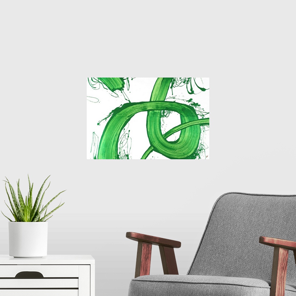 A modern room featuring Large abstract painting with bright looping green brushstrokes on a white background with some pa...