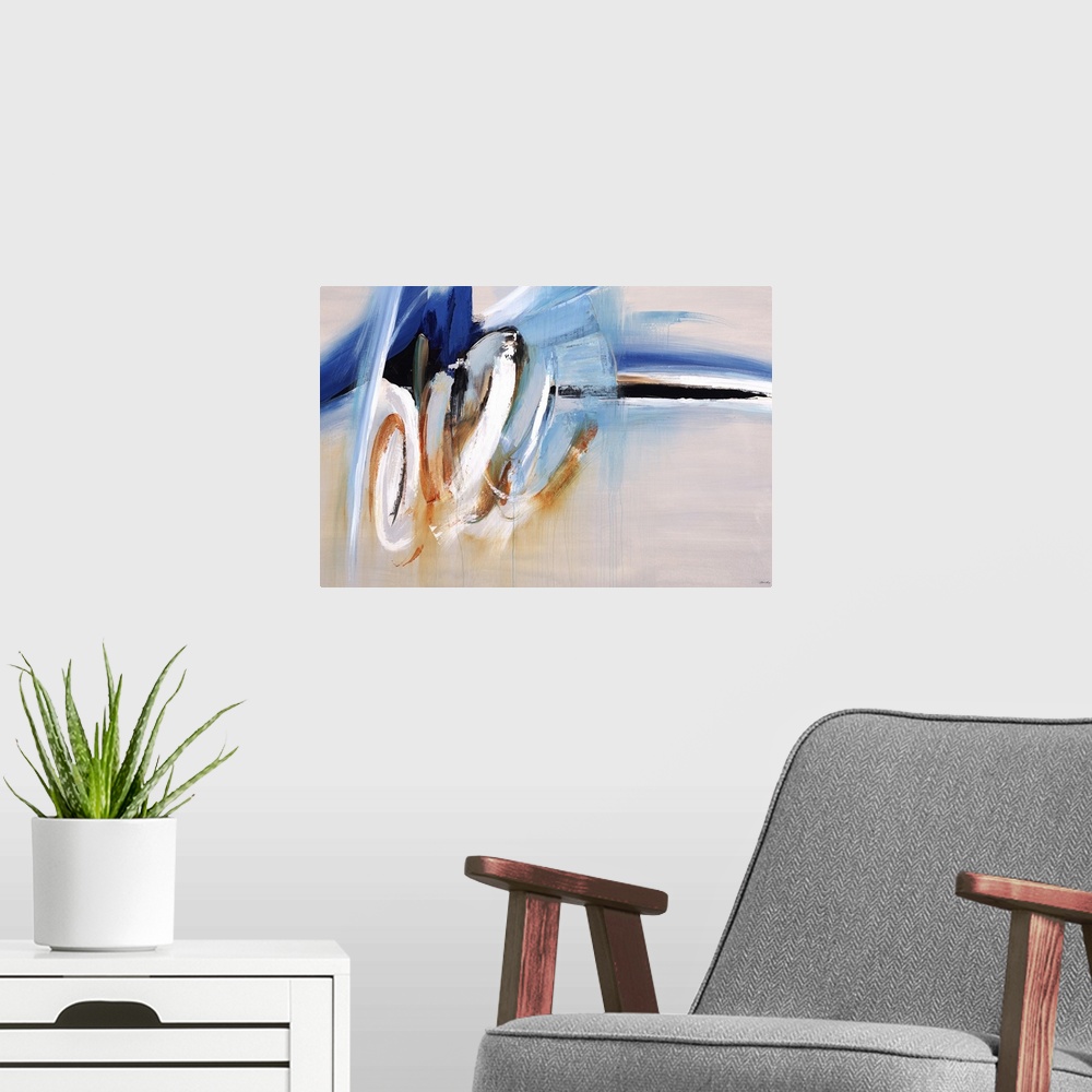 A modern room featuring Large abstract painting with loopy brushstrokes on the left side and horizontal curved brushstrok...