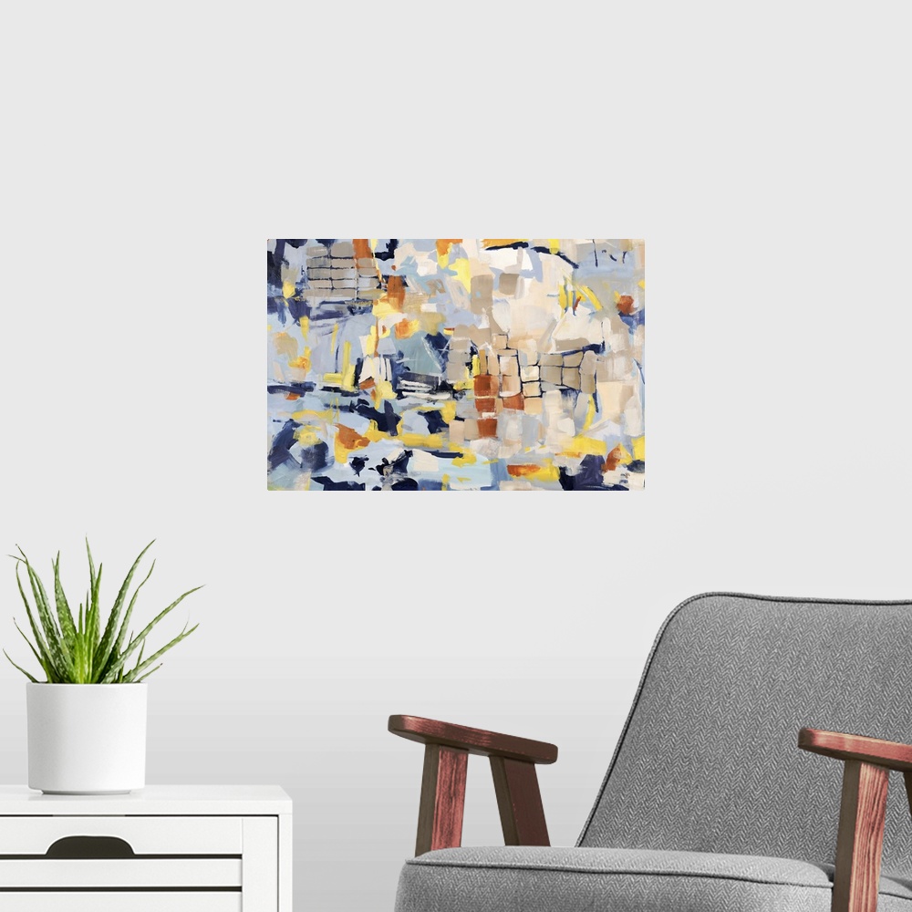 A modern room featuring Contemporary abstract painting using using a grid of multi-colored shapes.