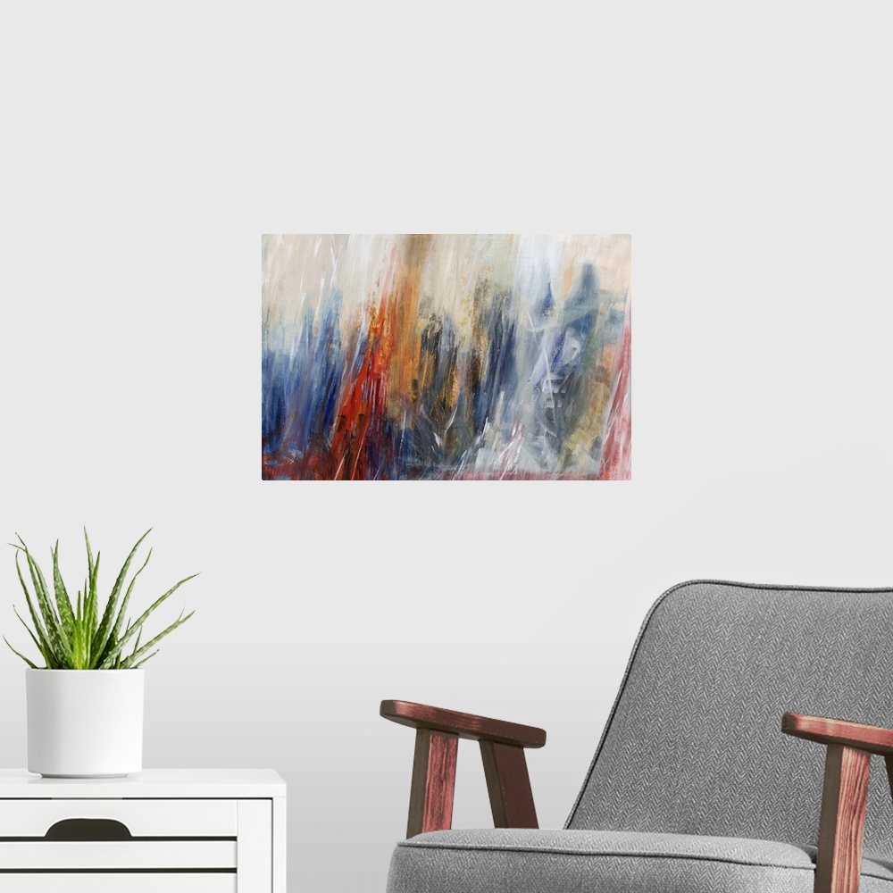 A modern room featuring Abstract painting using vibrant colors in downward stroking motions to create movement.