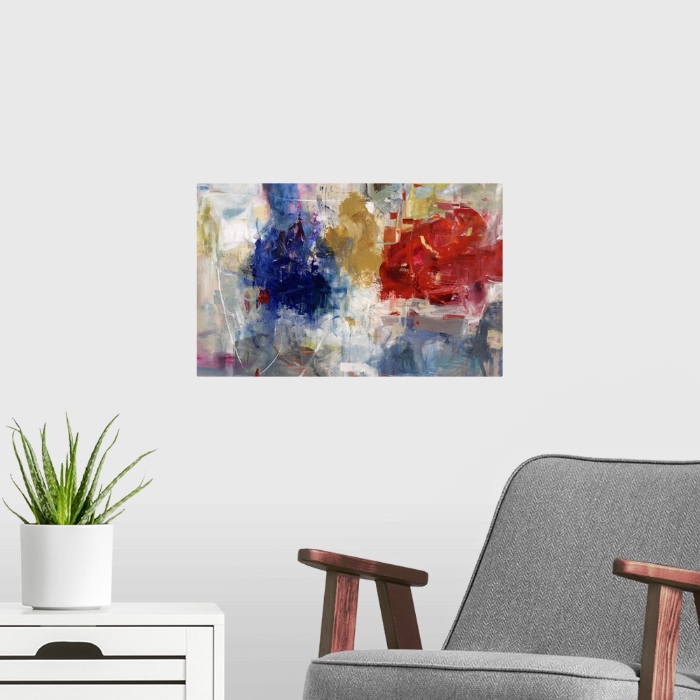 A modern room featuring Abstract painting of three vibrant blossoms of color overlapping a busy landscape of soft and sub...