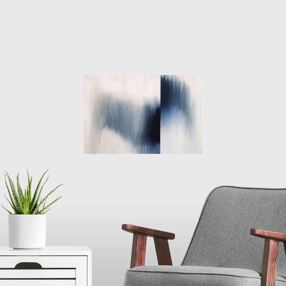 A modern room featuring Large abstract painting with an indigo gradient going though the middle and flipped to the top on...