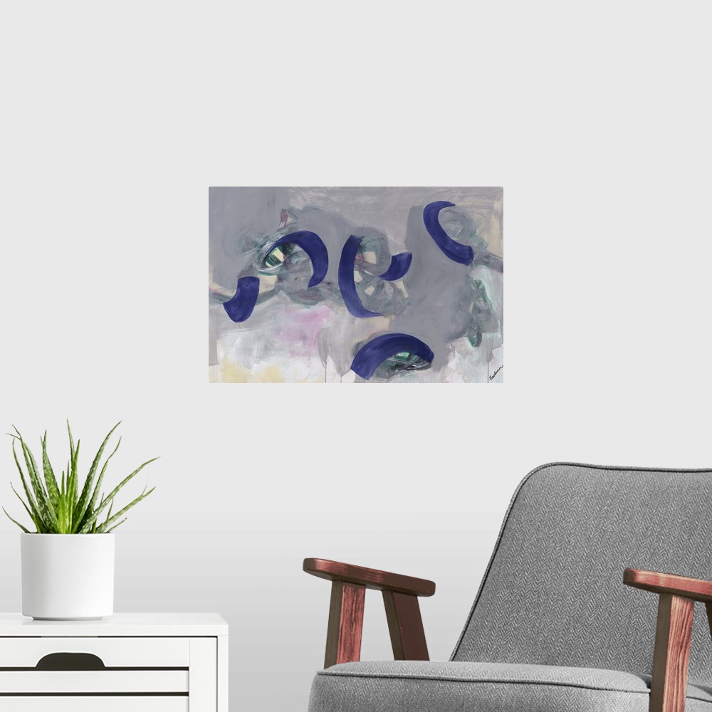 A modern room featuring Contemporary abstract painting of purple paint strokes against a multi-gray toned background.