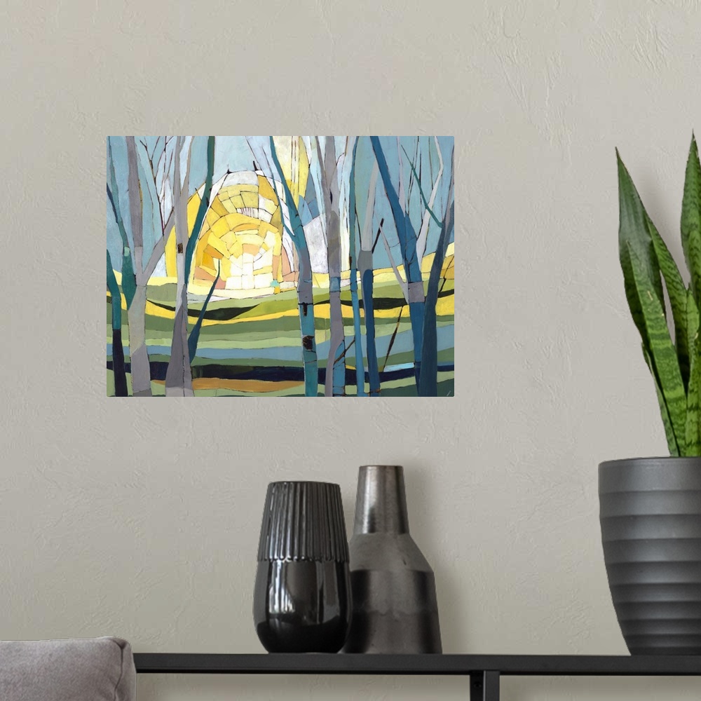 A modern room featuring Abstract landscape painting created using geometric shapes placed together creating trees in shad...
