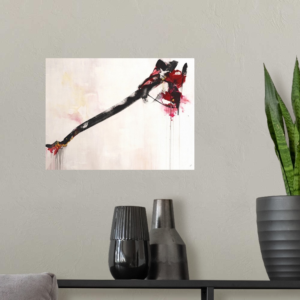 A modern room featuring Contemporary abstract painting using black and red organic forms against a neutral background.