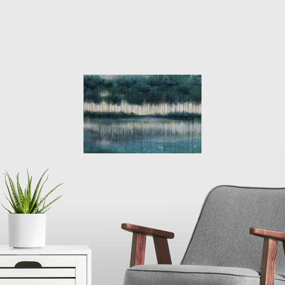 A modern room featuring Abstract painting of a large grove of trees reflecting in water in the foreground, while thin lin...