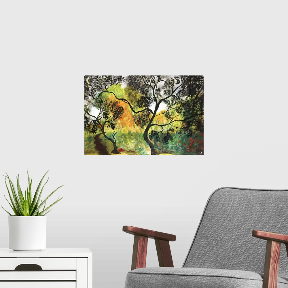 A modern room featuring Contemporary landscape painting of a forest thicket with colorful autumn foliage.