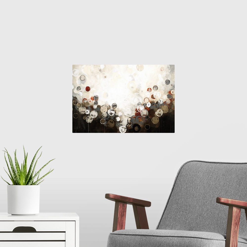 A modern room featuring A contemporary abstract painting using  earthy tones and organic free flowing shapes in a vertica...