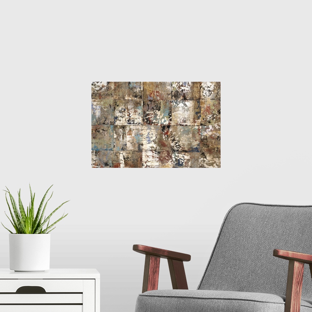 A modern room featuring Contemporary abstract painting in varying shades of earthy brown and grey.