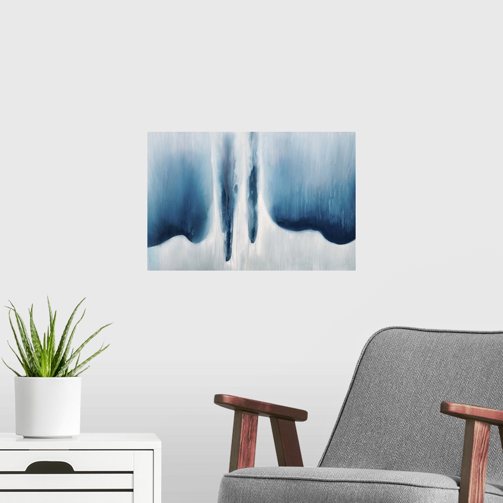 A modern room featuring Abstract artwork in cool blue tones resembling falling water.
