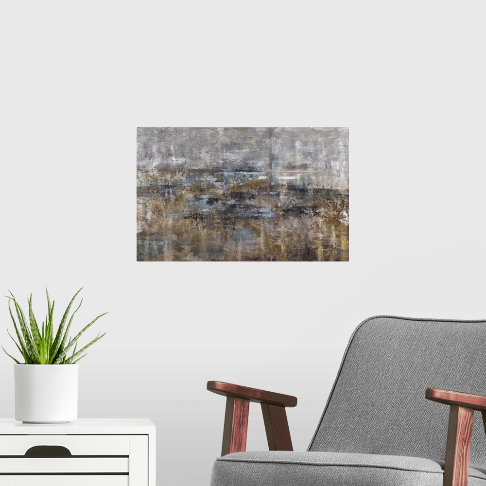 A modern room featuring Abstract rustic painting using earth tones mixed with cool tones to create depth.