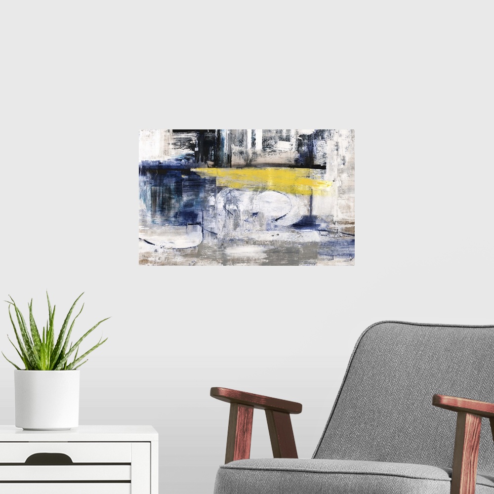 A modern room featuring Contemporary abstract artwork in dark shades of blue and black with a yellow streak in the center.