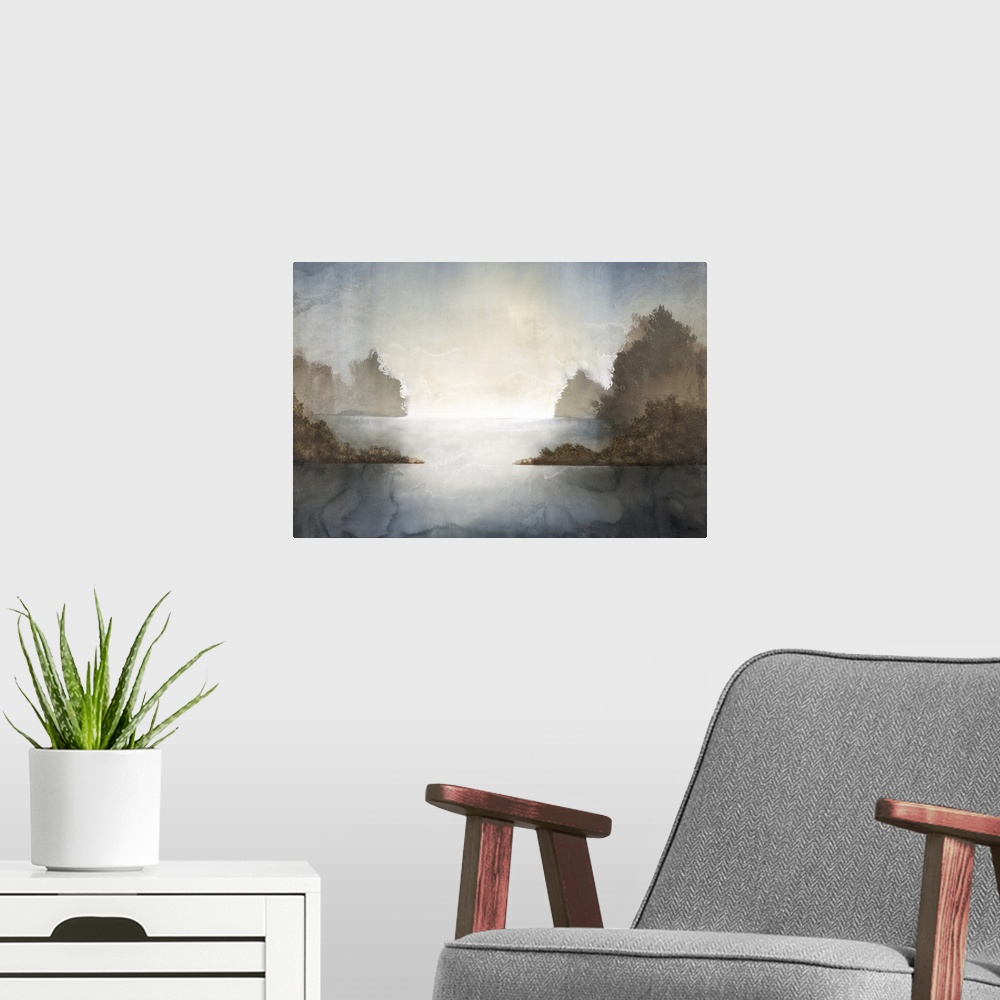 A modern room featuring Contemporary painting of an abstract landscape with sunshine bouncing off of the water creating b...