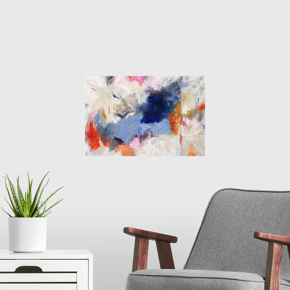 A modern room featuring Large abstract painting with vibrant colors in clusters on top of a white, gray, and beige backgr...