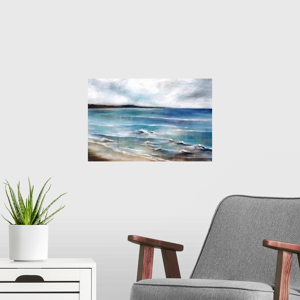 A modern room featuring Contemporary seascape painting of shallow waves on the beach.