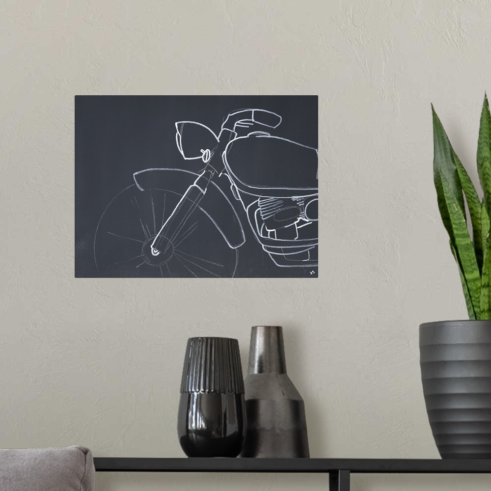 A modern room featuring A subdued painting of a motorcycle outlined in white against a gray backdrop.