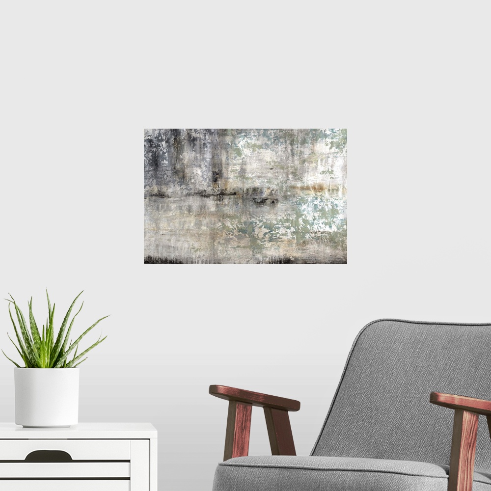 A modern room featuring Contemporary abstract painting in gritty grey and black tones.