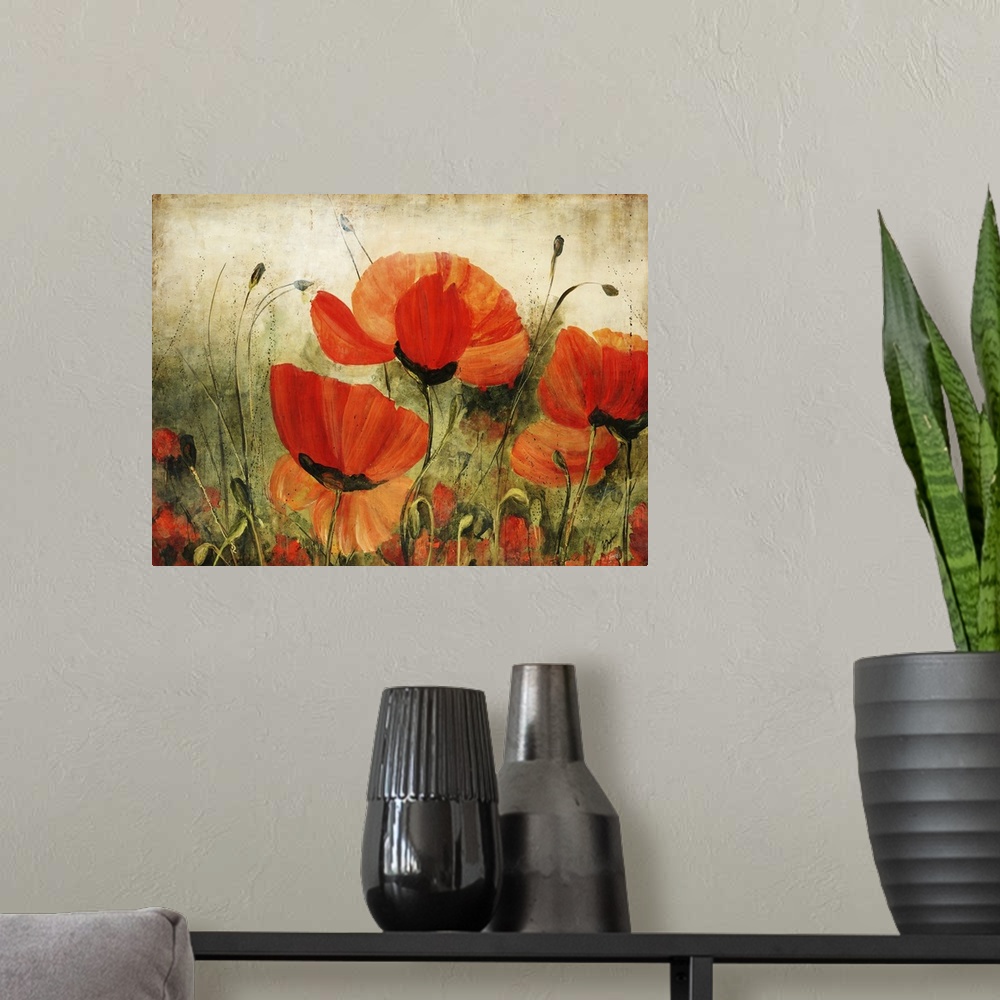 A modern room featuring Contemporary artwork of delicate painted poppy flowers against a rustic background.