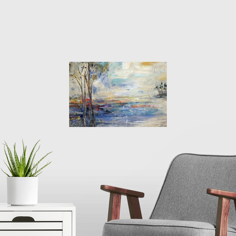A modern room featuring Landscape painting of several small trees at the edge of a lagoon, in front a vibrant horizon and...