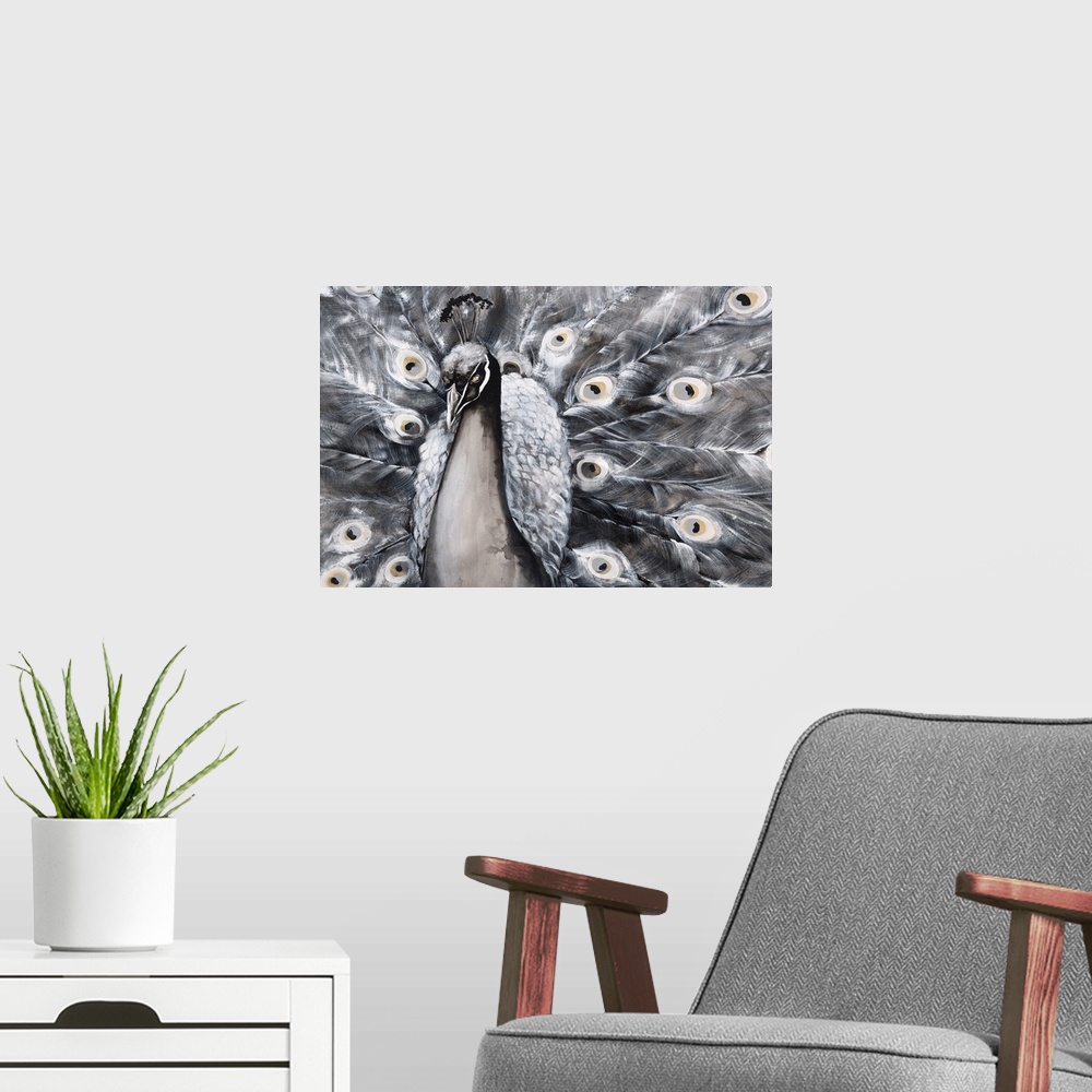A modern room featuring Artwork of a proud peacock with its tail fanned out in shades of grey.