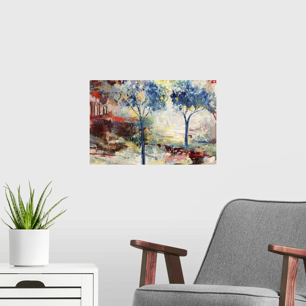 A modern room featuring Contemporary landscape painting of a colorful forest filled with trees.
