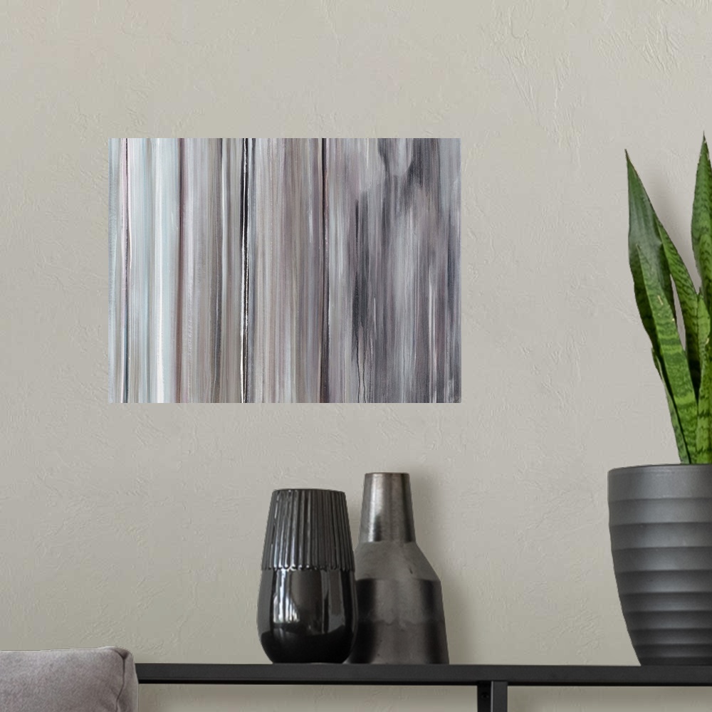 A modern room featuring Contemporary painting of many vertical stripes in varying cool and neutral tones that darken towa...