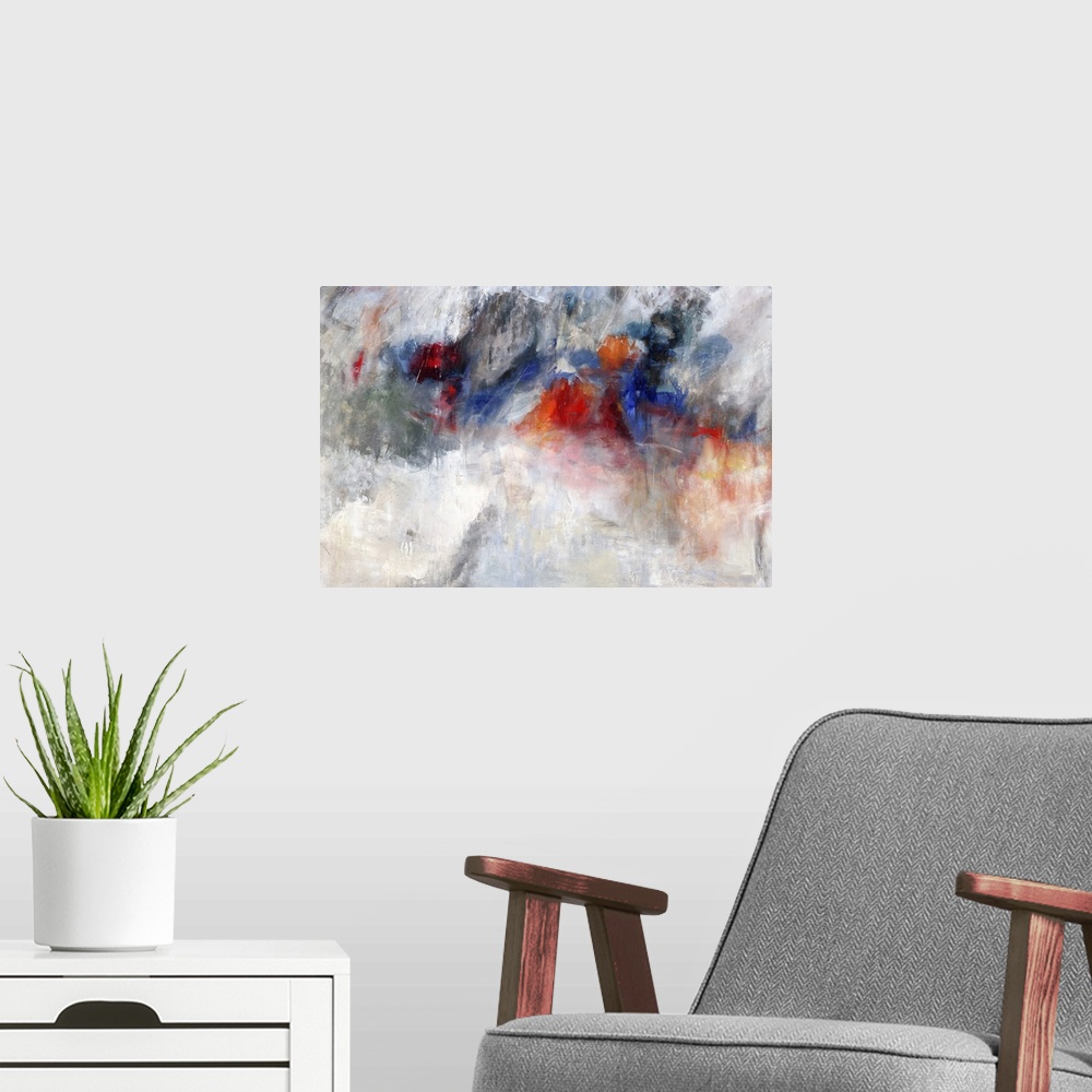 A modern room featuring Abstract painting of textured brush strokes in colors of red, blue and gray.