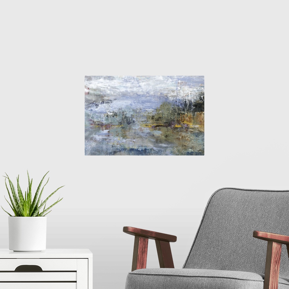 A modern room featuring An abstract landscape of a spring day.