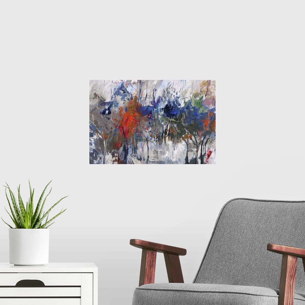 A modern room featuring Large abstract painting with colorful tree figures hidden on a busy canvas.