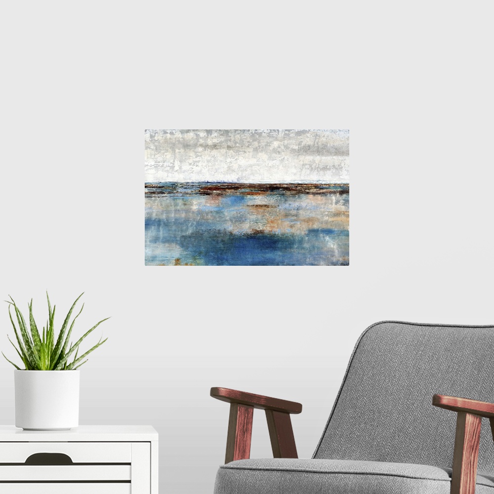 A modern room featuring Contemporary artwork of a blue landscape under a white cloudy sky.