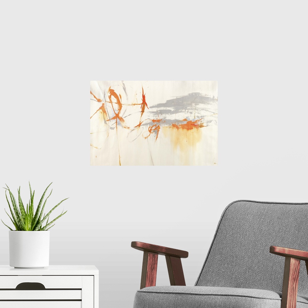 A modern room featuring Contemporary abstract painting with orange streaks against a pale background.