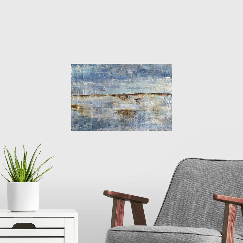 A modern room featuring Rough abstract artwork in shades of blue and brown.