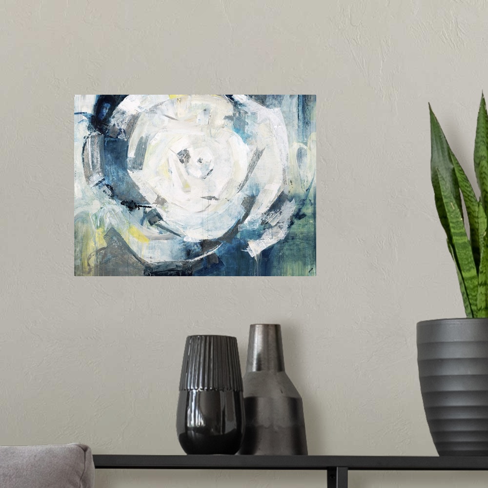 A modern room featuring Contemporary abstract painting in shades of blue and gold, swirling around a white center.