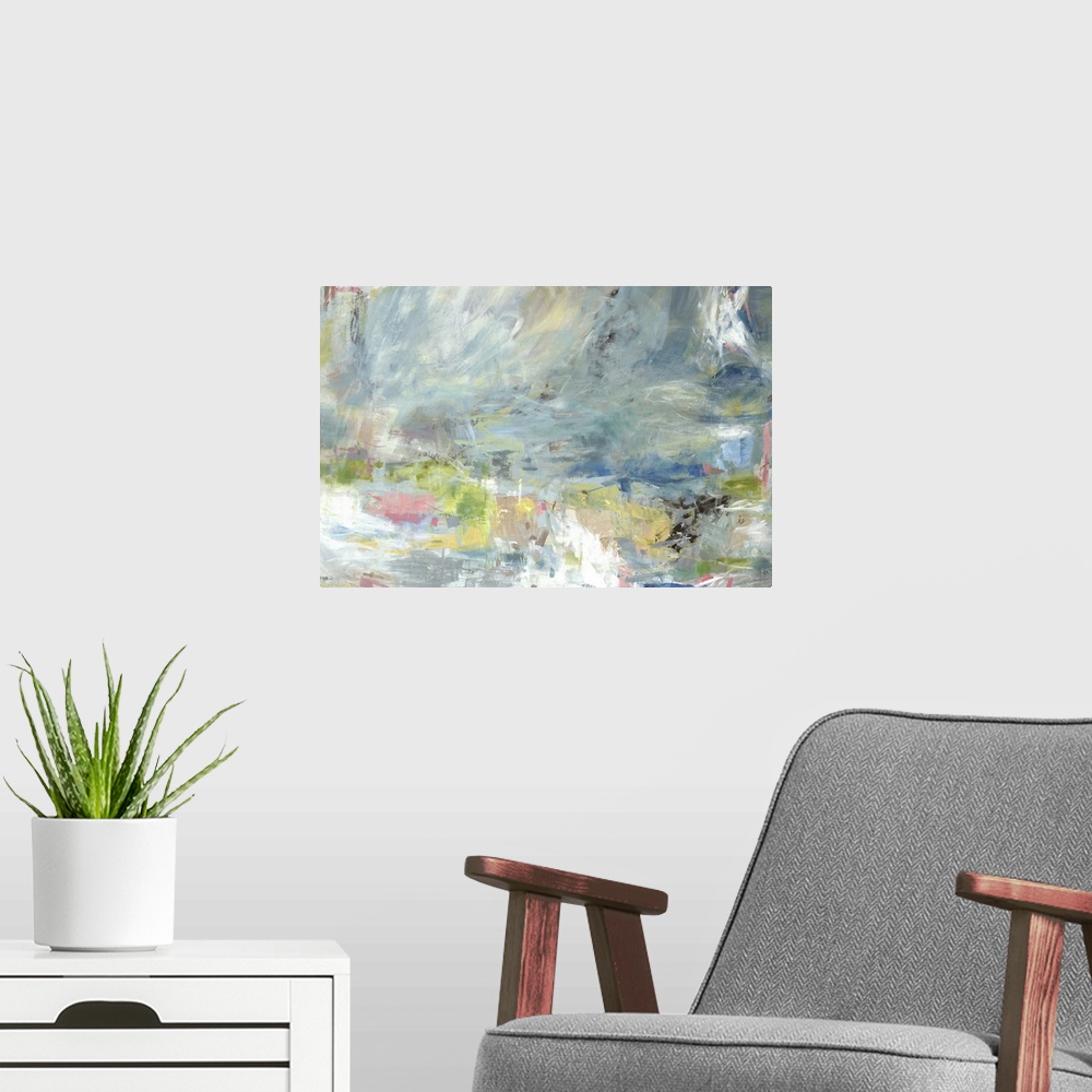 A modern room featuring Abstract painting of textured brush strokes with pink and yellow accents.