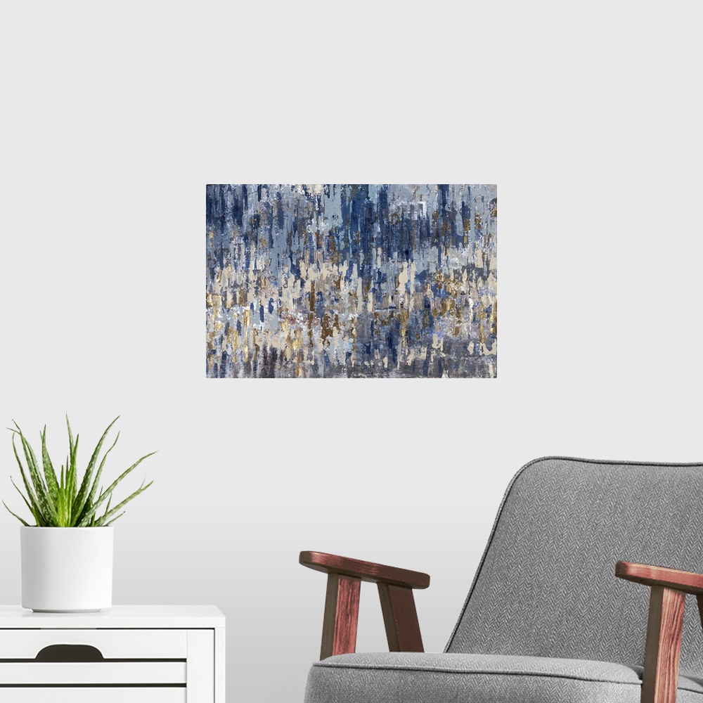 A modern room featuring A textured contemporary painting of blue and gold, giving the feeling of a distorted reflection.