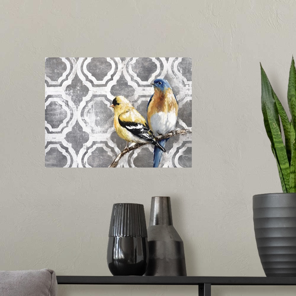 A modern room featuring Two birds perched on a small branch against a circular tile moroccan pattern.