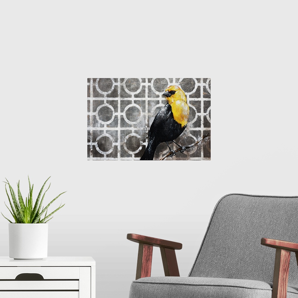 A modern room featuring Contemporary painting of a black and golden bird perched on a small branch, in front of a neutral...