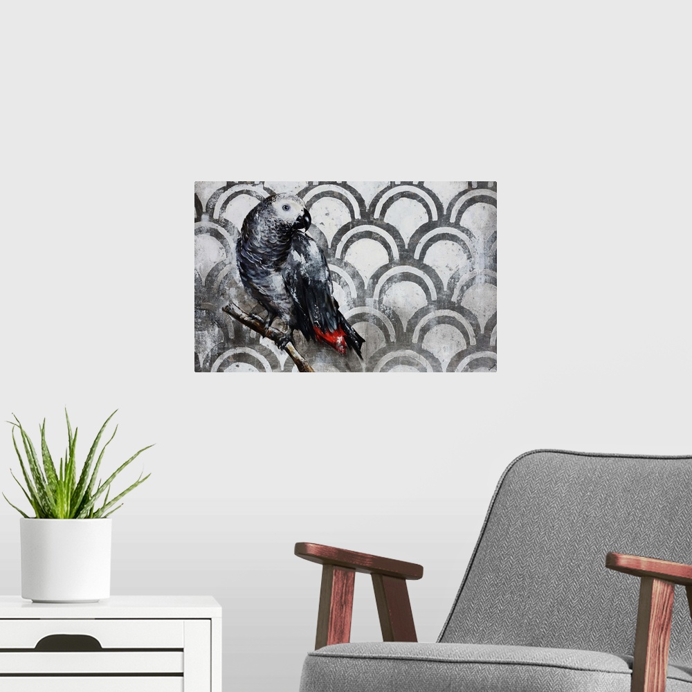 A modern room featuring Contemporary painting of a black and red bird perched on a small branch, in front of a neutral ba...
