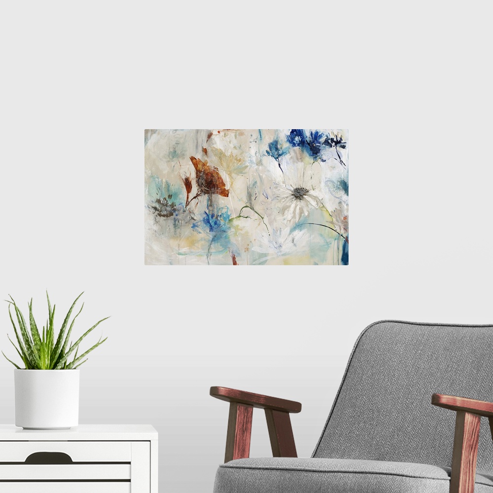 A modern room featuring Contemporary painting of abstracted flowers against a pale background with splashes of blue.