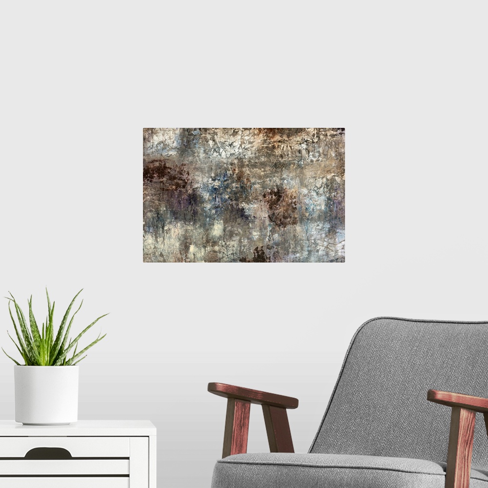A modern room featuring Contemporary abstract painting of muddied paint splatters with creases and cracks.