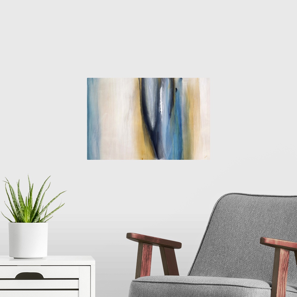 A modern room featuring Abstract painting of thick vertical streaks of watercolor in various tones, on a light, neutral b...