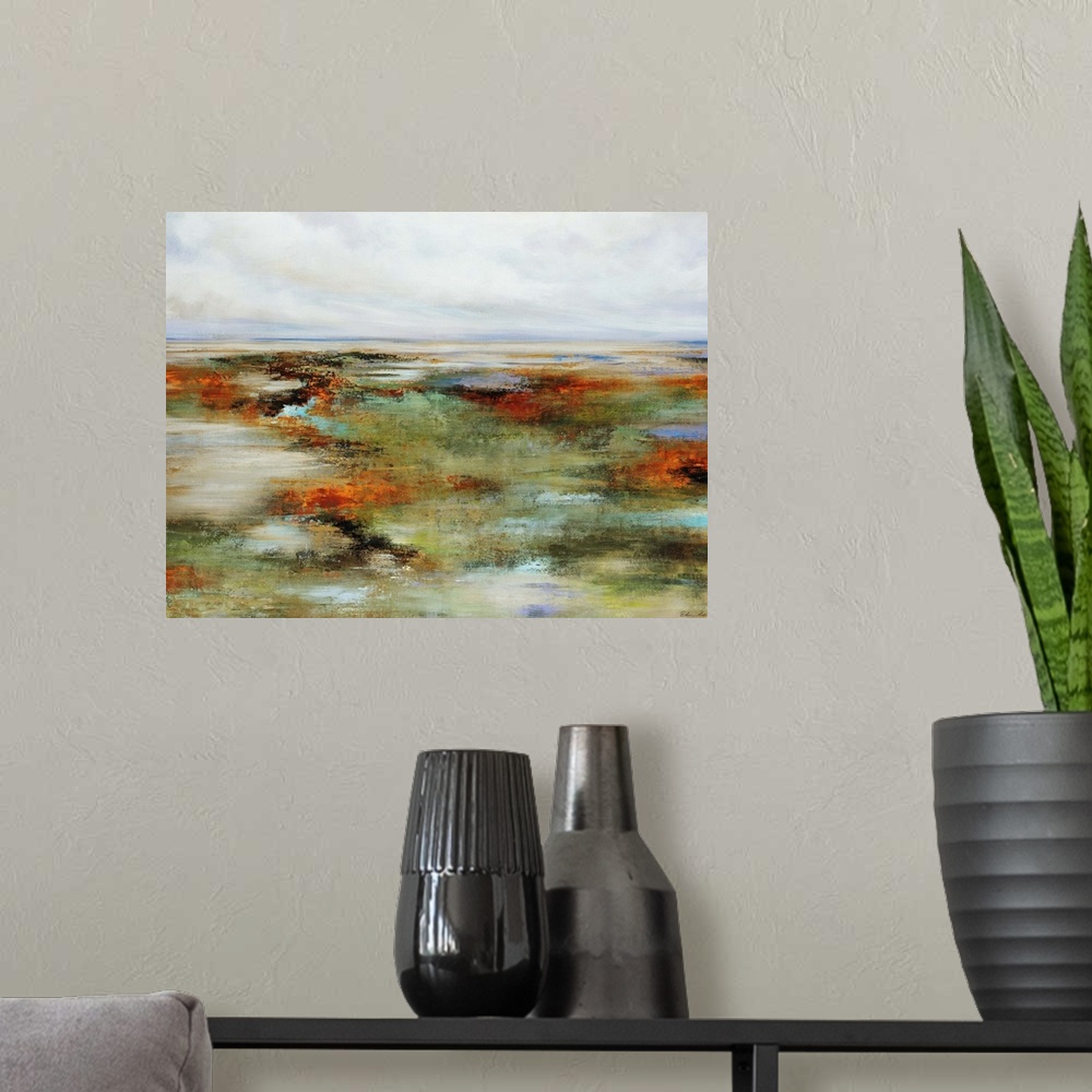 A modern room featuring Abstract painting of wetlands surrounded by a colorful landscape, beneath a blue sky full of fluf...