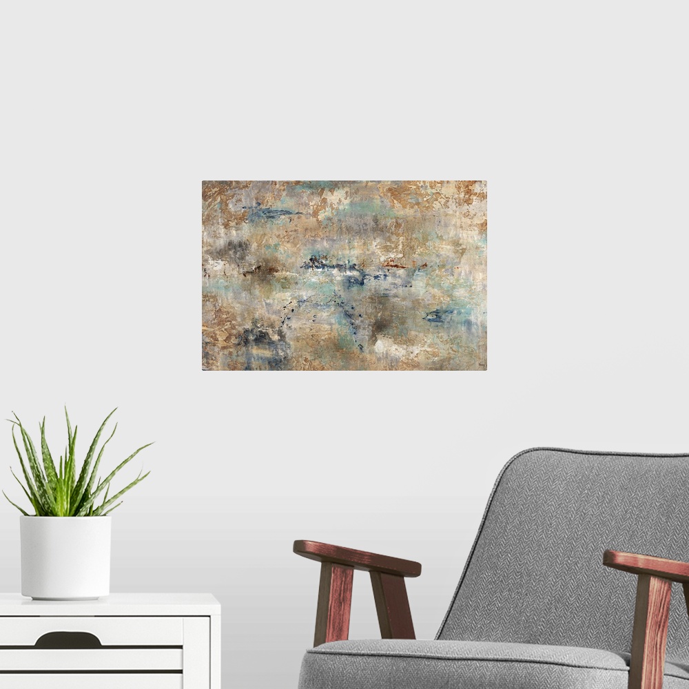 A modern room featuring Abstract painting using earth tones to create a grungy and rustic piece of art.