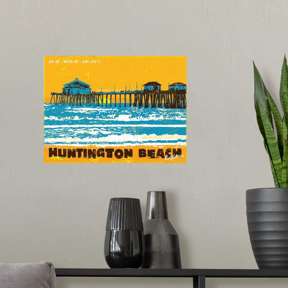 A modern room featuring Huntington Beach Pier at sunset, waves and sand in the foreground, graphically portrayed in stron...