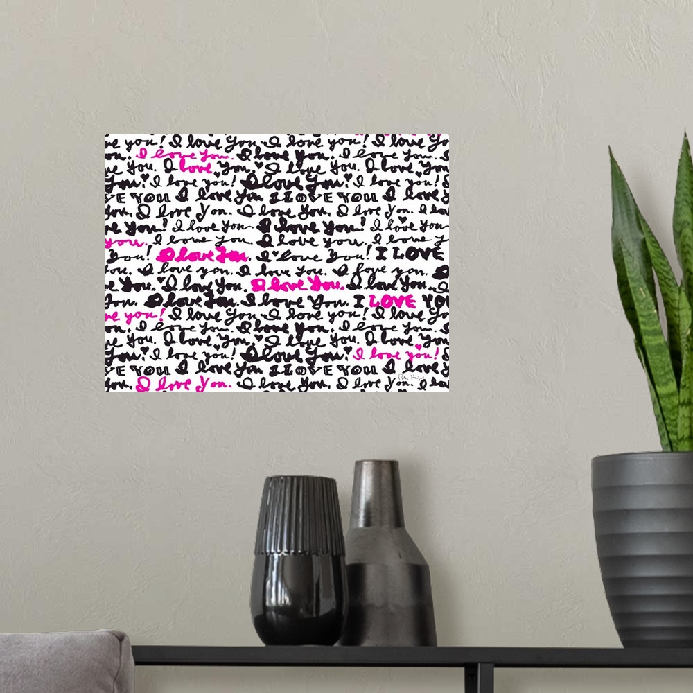 A modern room featuring Hand-written words I Love You repeated repeatedly in colors pink and black.