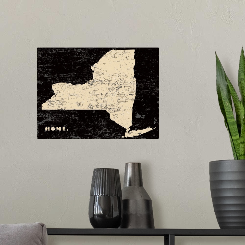 A modern room featuring Distressed wall art graphic art of the state of New York with the word home in the lower left cor...