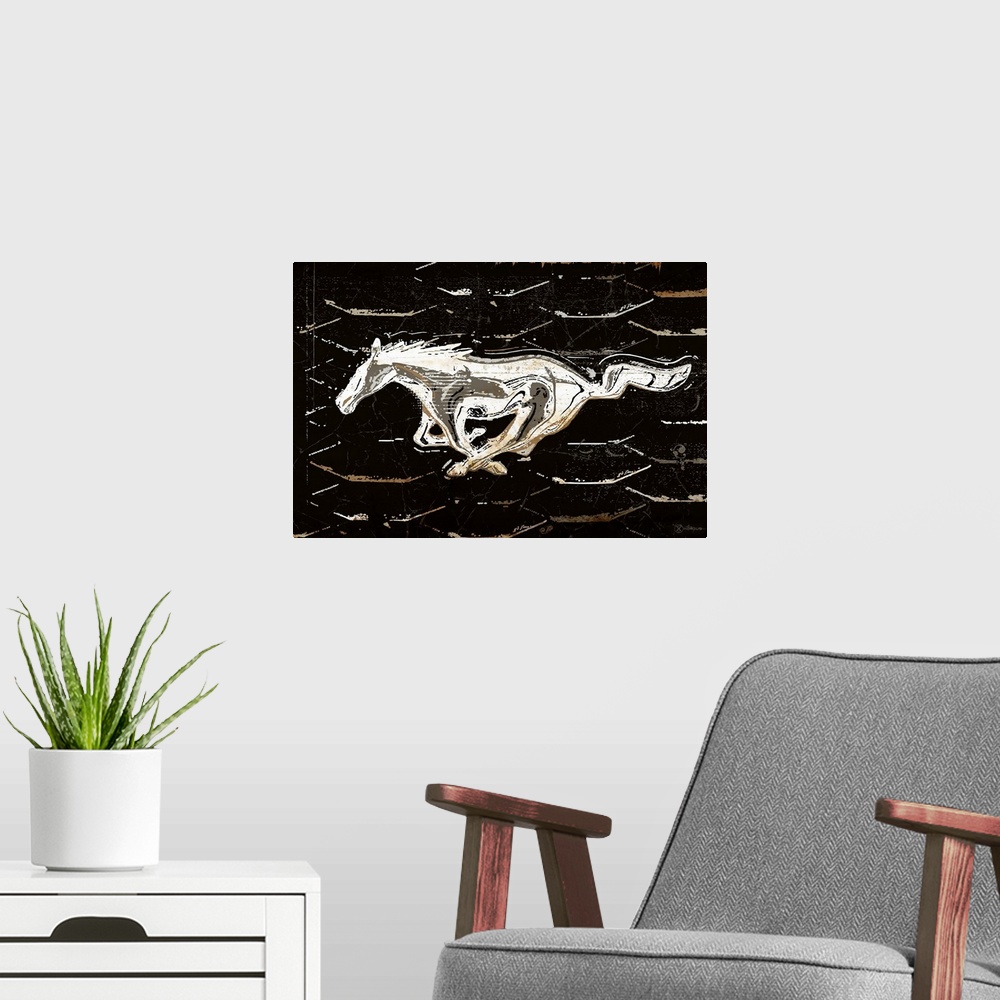 A modern room featuring A worn, distressed, cracked and rusty Ford running horse logo graphic.