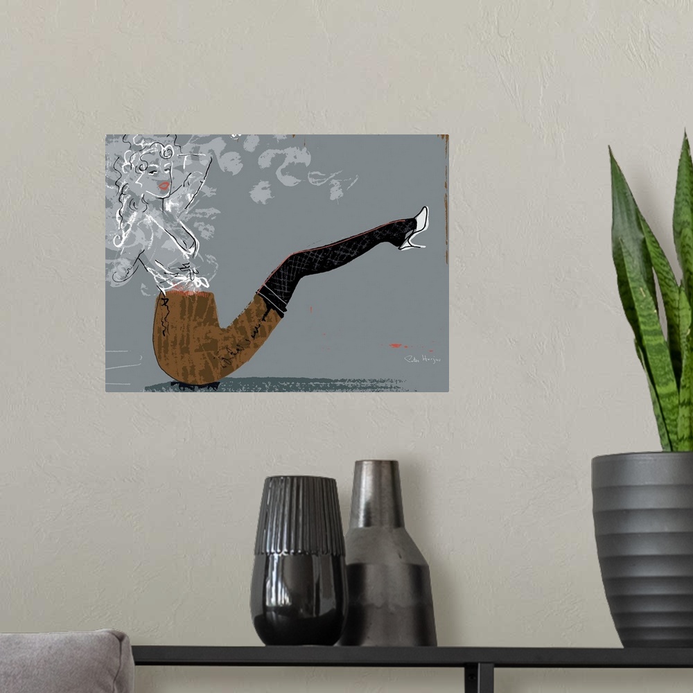 A modern room featuring Pen and ink wall art illustration of a large tobacco pipe which also looks like a sexy woman's le...