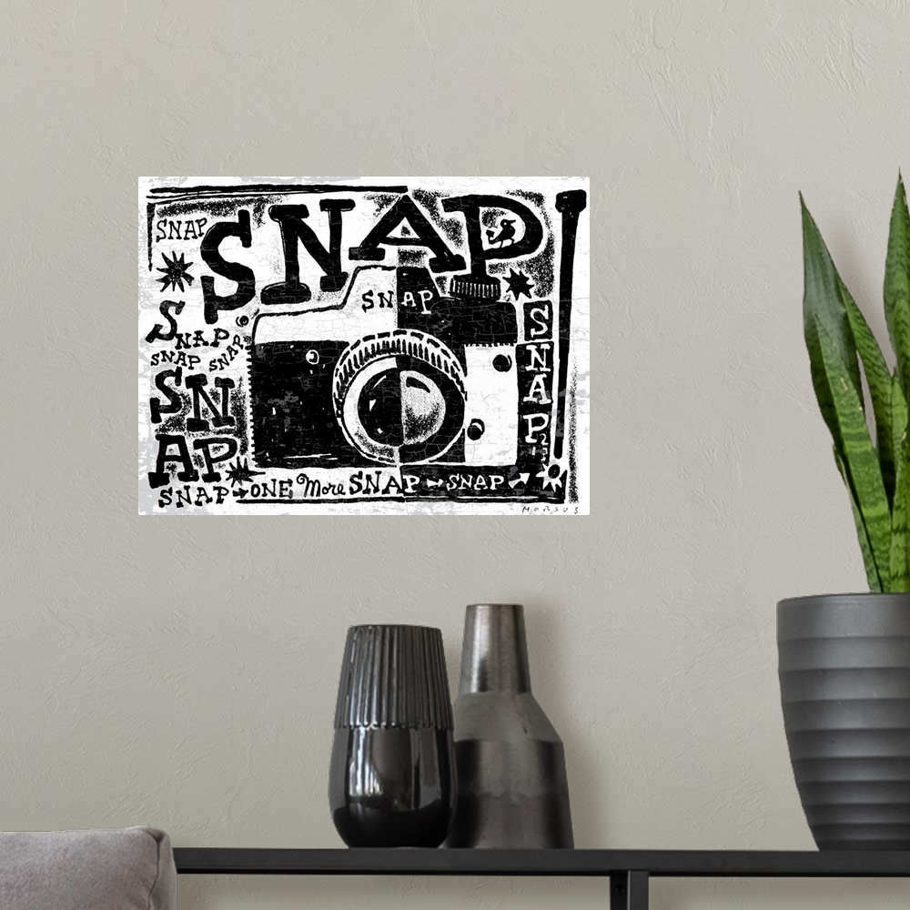 A modern room featuring Black and white stylized illustrated camera with the word “Snap!” repeated all over.